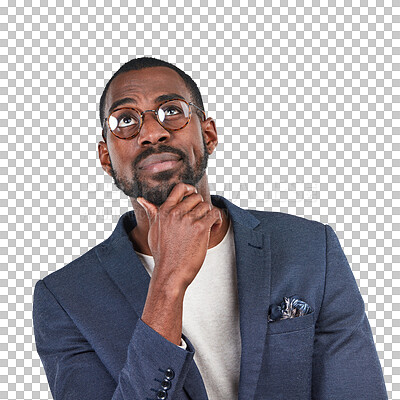 Buy stock photo Confused, black man and thinking of ideas isolated on transparent png background. Face of male entrepreneur wonder of business solution, remember why and questions of choice, doubt and emoji in mind