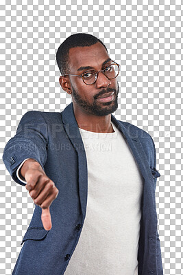 Buy stock photo Portrait, thumbs down and PNG with a business black man isolated on a transparent background for negative review. Feedback, fail and reject with a frustrated male employee showing a bad hand gesture