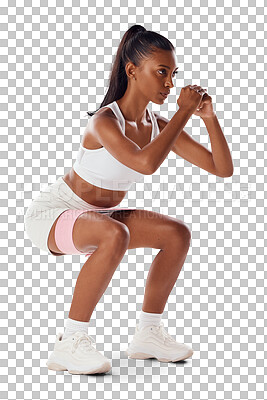 Squat, exercise and fit female athlete in a training workout for glutes, buttocks and muscle. Woman in fitness exercises, squatting for a strong core for a healthy lifestyle isolated on a png background
