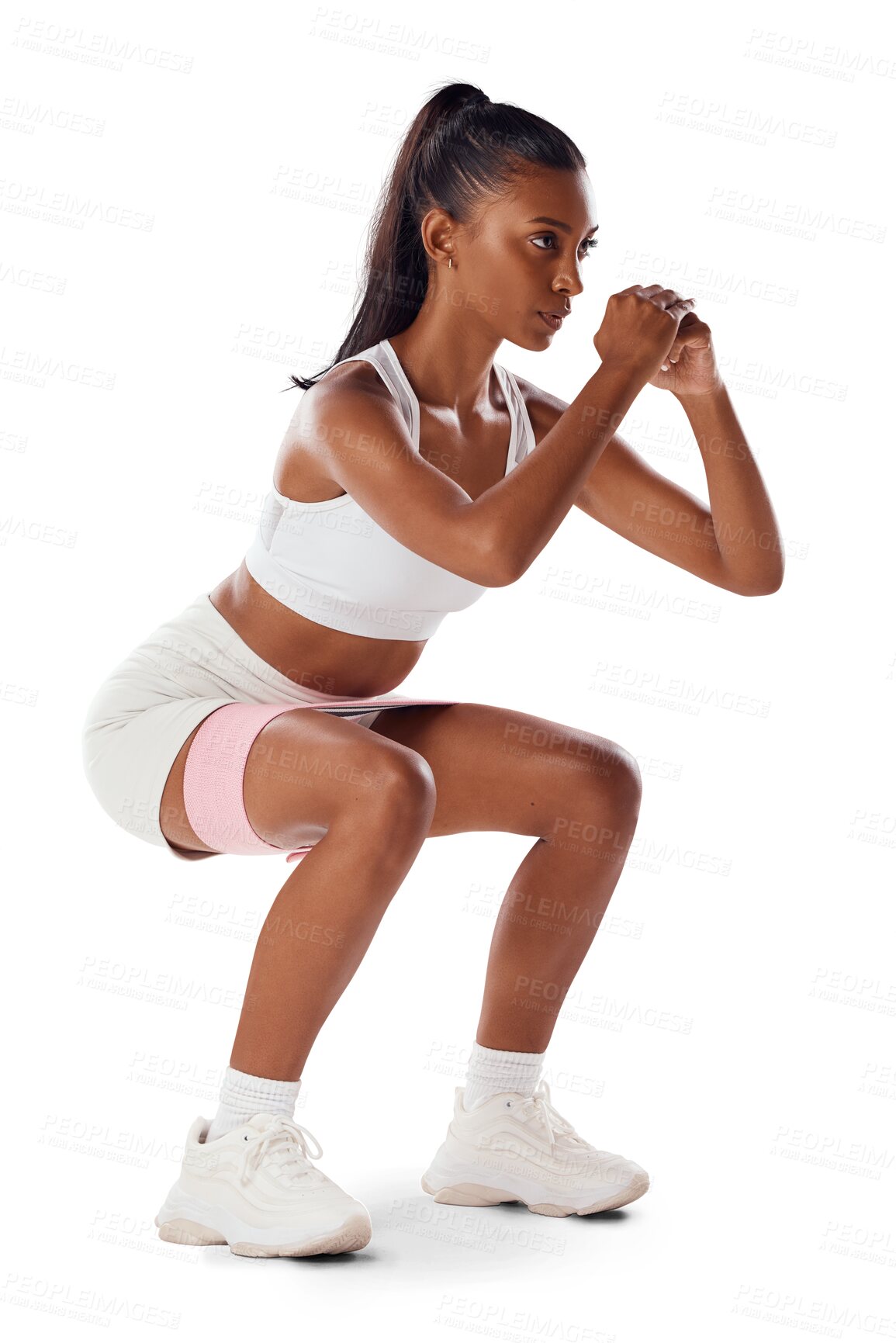 Buy stock photo Squat, exercise and fitness woman athlete in training workout for glutes, buttocks and muscle. Fit female exercising or squatting for strong core and body isolated on a transparent png background