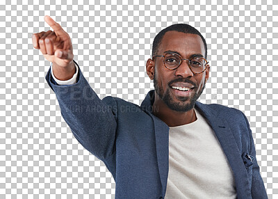 Businessman, portrait or pointing hand in directions, order or instruction on isolated png background. Smile, happy worker or creative designer with showing finger, hand gesture or mockup backdrop