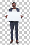 A Businessman portrait, happy worker and poster mockup on marketing paper, advertising mock up and promotion space. Banner, blank and billboard sign for creative designer on isolated on a png background