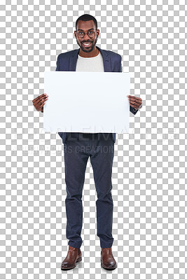 Buy stock photo Poster mockup, black man and happy portrait isolated on a transparent, png background. Male business person show placard, billboard or paper banner for advertising, promotion or brand announcement