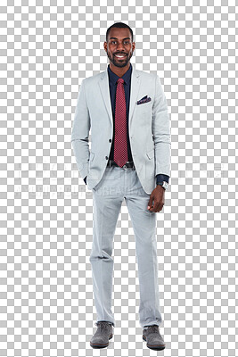 Buy stock photo Business, black man and happy portrait isolated on transparent png background for management. Male entrepreneur, professional corporate worker and manager for pride, confidence and power suit of boss