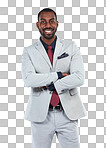 A Business man, success and CEO smile in portrait, executive leadership and vision. Black man, black business and arms crossed, corporate boss with career goals mindset isolated on a png background