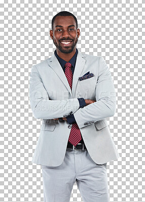 Buy stock photo Business, happy man and portrait with arms crossed isolated on transparent png background. Black male executive, professional corporate manager and worker with confidence, power and suit of CEO
