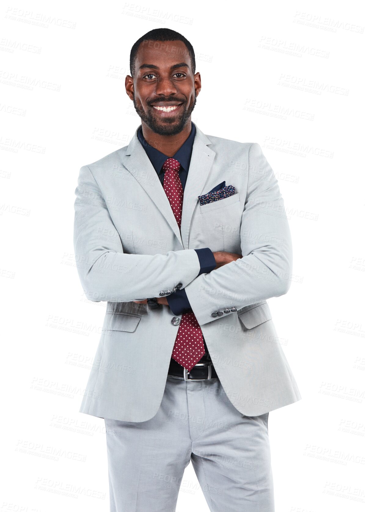 Buy stock photo Business, happy man and portrait with arms crossed isolated on transparent png background. Black male executive, professional corporate manager and worker with confidence, power and suit of CEO