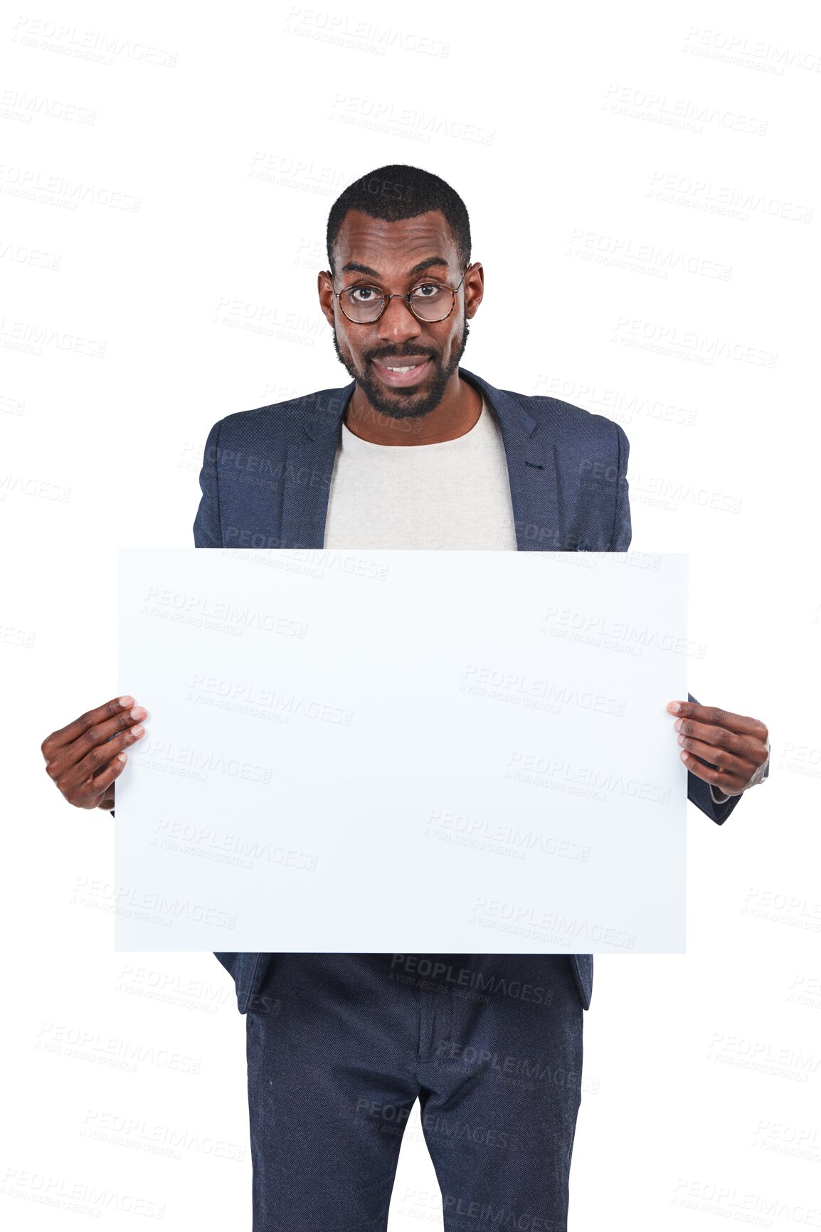 Buy stock photo Portrait, black man and poster mockup space isolated on a transparent, png background. Male business person show banner, billboard or blank paper for advertising promotion,  logo or brand opportunity