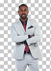 A Businessman, success and CEO with portrait and executive, leadership and vision. Black man, black business and arms crossed with corporate boss, career goals with mindset isolated on a png background