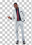 A Portrait,or businessman pointing finger at marketing space or advertising mockup. Smile, happy or corporate worker with showing hands gesture at mock up sales deal isolated on a png background