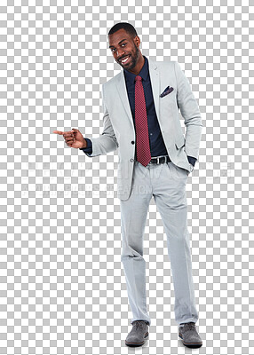 Buy stock photo Business, man and happy portrait pointing while isolated on transparent png background. Black male manager advertising sales deal, review and presentation of branding, choice and offer coming soon 