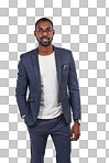 A Black businessman, portrait or fashion suit on smart casual, cool or trendy clothes. Creative designer, worker or formal employee with vision glasses, goals or innovation isolated on a png background