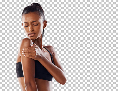 Buy stock photo Woman, fitness and shoulder pain in sports injury, workout or training exercise accident. Fit and sporty female suffering bad arm pain, ache or discomfort isolated on a transparent PNG background