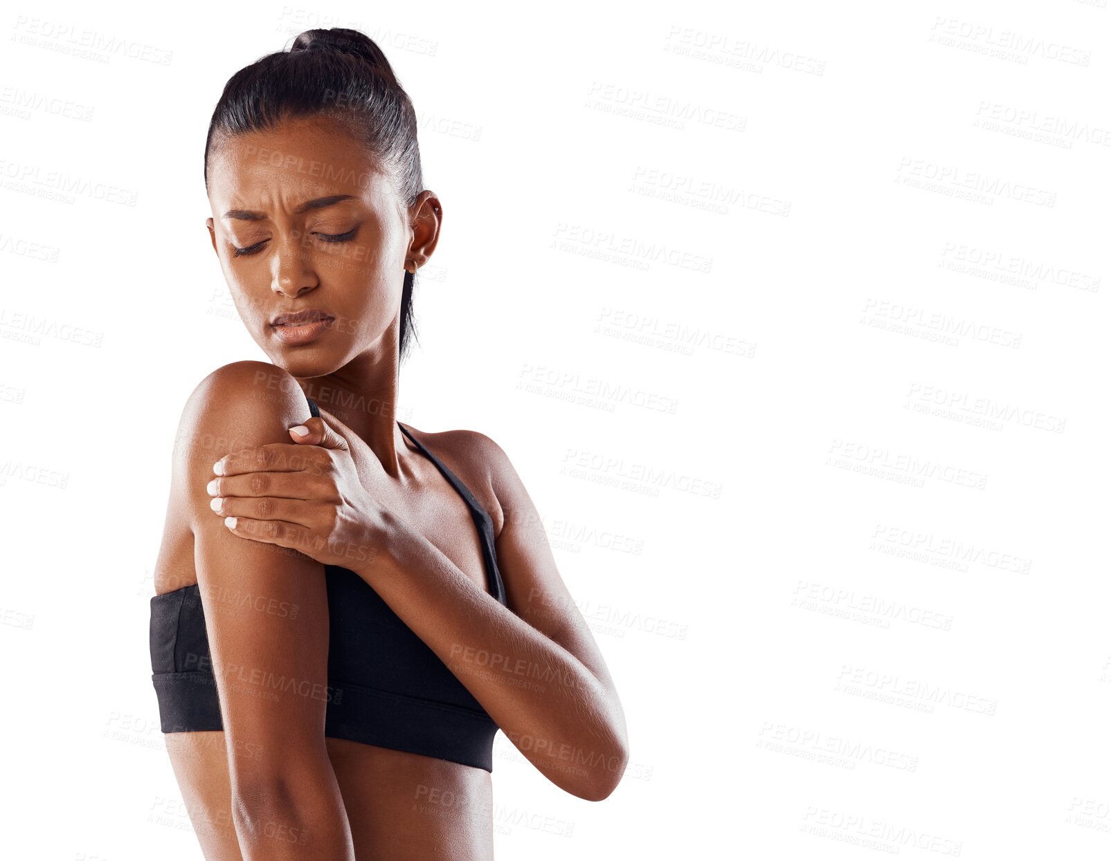 Buy stock photo Woman, fitness and shoulder pain in sports injury, workout or training exercise accident. Fit and sporty female suffering bad arm pain, ache or discomfort isolated on a transparent PNG background