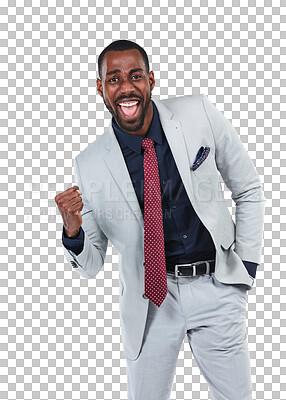 Buy stock photo Celebration, cheering and portrait of business man with fist of winner, deal and bonus. Success, freedom and victory of happy black male worker excited while isolated on a transparent png background