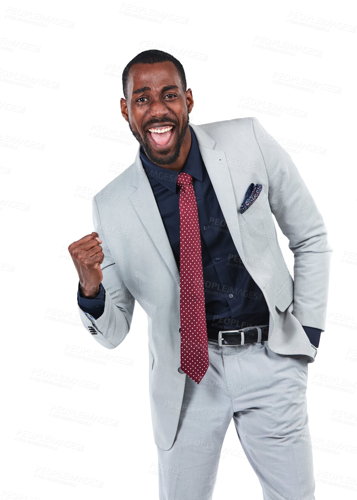 Buy stock photo Celebration, cheering and portrait of business man with fist of winner, deal and bonus. Success, freedom and victory of happy black male worker excited while isolated on a transparent png background