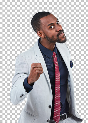 Buy stock photo Portrait, fist and black man with stress, anger and frustrated worker isolated against transparent background. Face, male employee or entrepreneur with gesture for fight, png or conflict with warning