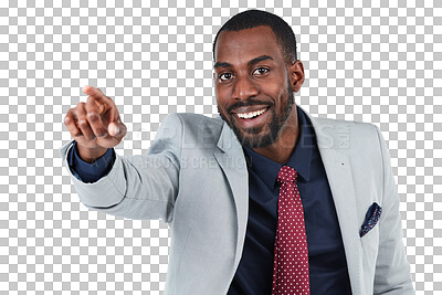 Buy stock photo Point, hands and portrait of business black man on isolated, png and transparent background. Corporate, direction and face of male person pointing for instruction, showing gesture and information