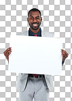 A Portrait, businessman or wink for poster billboard deal, marketing space promotion or advertising paper mock up. Happy corporate worker, banner and blank branding mockup on isolated on a png background