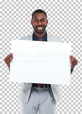 Buy stock photo Wink portrait, business man and poster space isolated on a transparent, png background. Happy black person show banner, billboard or paper mockup for advertising promotion,  announcement or deal