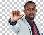 Portrait, thumbs up or sign language with a business black man in studio isolated on a png background. Hand, gesture and decision with a male employee on blank space for a review or feedback