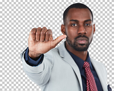 Portrait, thumbs up or sign language with a business black man in studio isolated on a png background. Hand, gesture and decision with a male employee on blank space for a review or feedback
