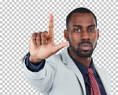 Hand, loser and fail with a business black man to gesture an L sign. Social media, emoji and review with a male employee giving feedback on blank space isolated on a png background
