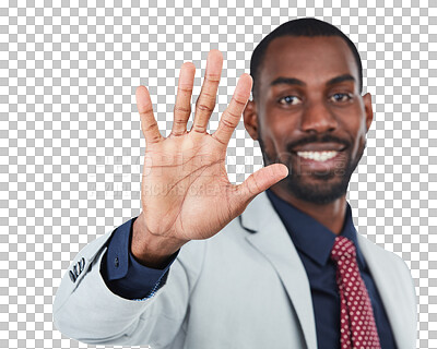 Buy stock photo Portrait, palm and stop hands by black man greeting on oslolated, transparent and png background. Open hand, wave and face of African businessman with hello emoji, gesture or hi by happy employee