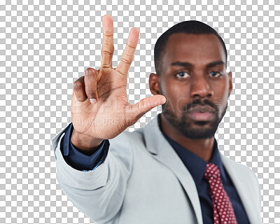 Business man, three hand sign and portrait of a corporate employee in a professional suit. Serious face, on png background and isolated worker black man model showing numbers with hands and mock up