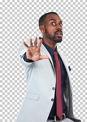 Buy stock photo Portrait, stop and hand gesture with a business black man isolated on a transparent background for problem. PNG, palm and warning for risk and male employee anxiety showing a sign of fear or danger