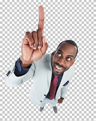 Buy stock photo Point, business and top view of happy black man on isolated, png and transparent background. Thinking, direction and corporate male person pointing for instruction, showing gesture and information