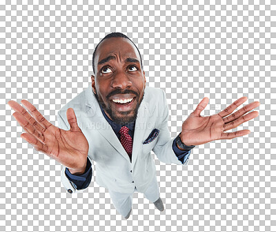 Buy stock photo Top view, thinking and black man confused, ideas or curious worker isolated against transparent background. Male employee, consultant or entrepreneur with questions, perspective or decisions with png