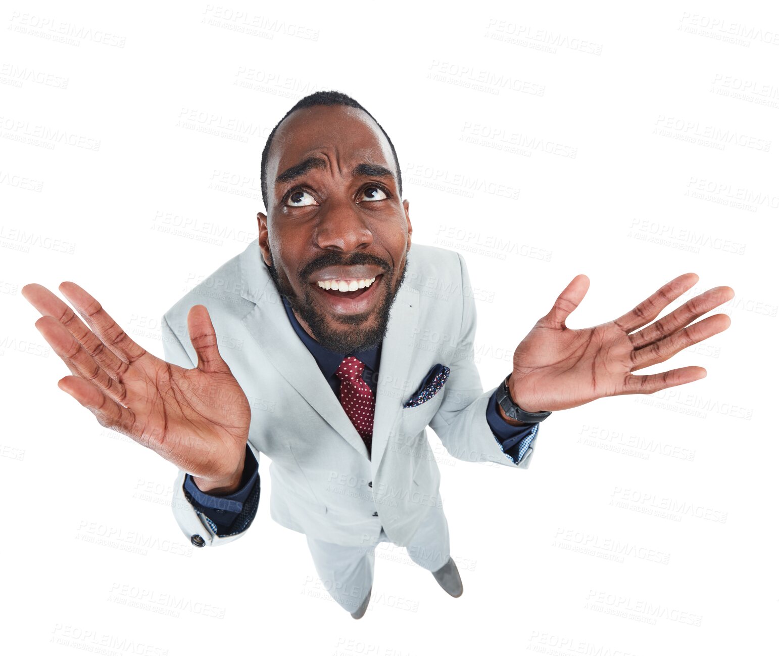 Buy stock photo Top view, thinking and black man confused, ideas or curious worker isolated against transparent background. Male employee, consultant or entrepreneur with questions, perspective or decisions with png