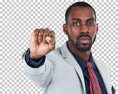 Buy stock photo Portrait, hand and BLM with a business man isolated on a transparent background in protest for equality. Fist, empowerment or human rights with an african male activist at a rally for politics on PNG