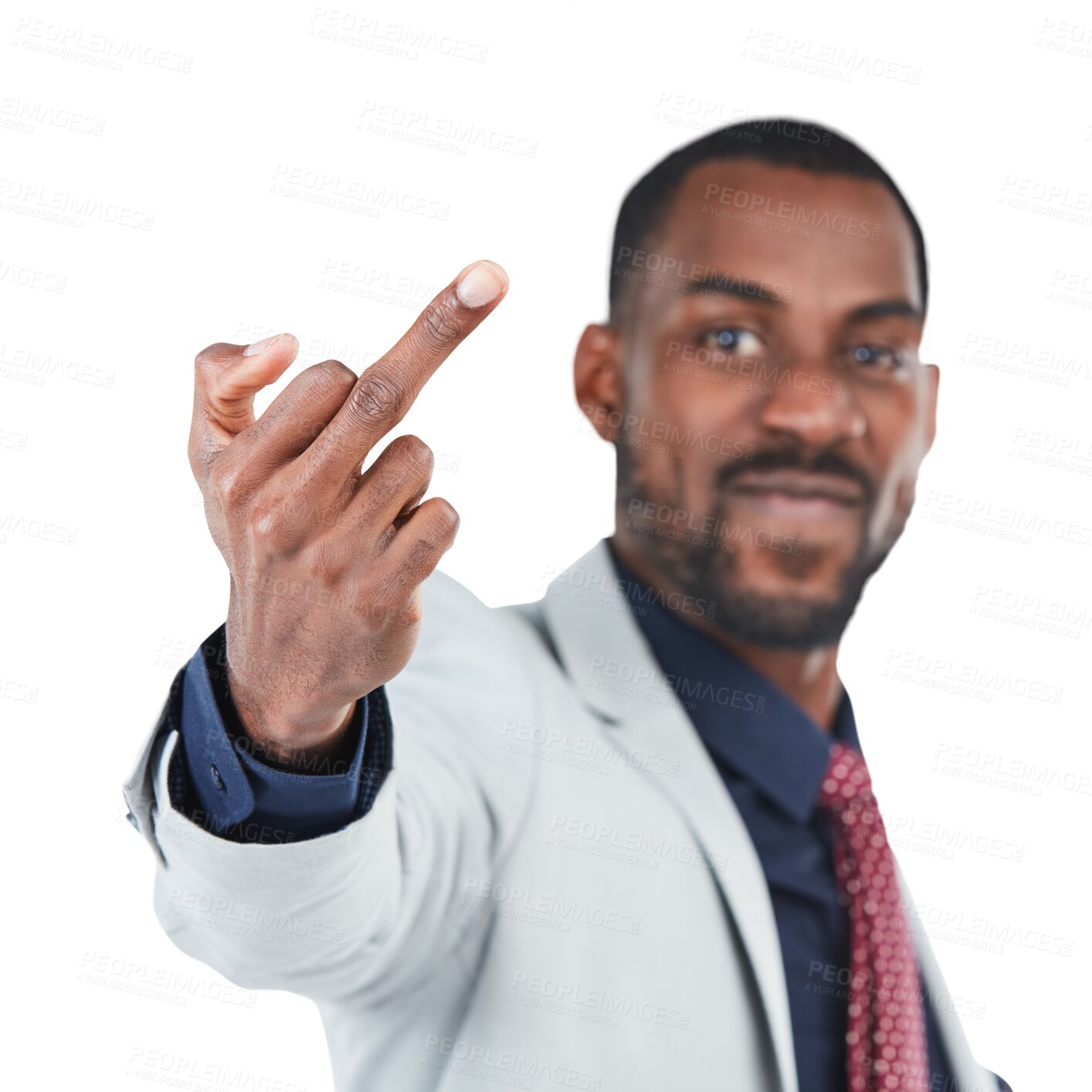 Buy stock photo Middle finger hands, rude and portrait of business man isolated on transparent png background. Angry black male worker, mad emoji and opinion sign of anger, hate or gesture of conflict in management