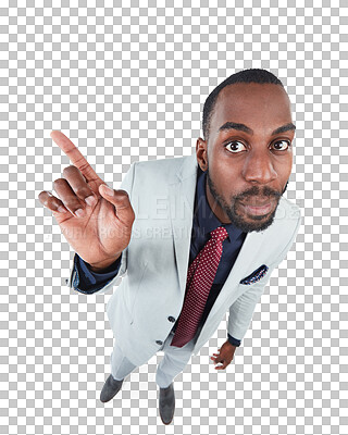 Buy stock photo Top view of business man, portrait and pointing while isolated on transparent png background. Face of black male manager advertising sales deal, review and presentation of branding offer coming soon