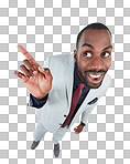 High angle, businessman or excited pointing finger, marketing space or advertising mockup. Smile, happy and curious corporate worker, creative pov or showing hand gesture isolated on a png background