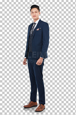 Buy stock photo Man, portrait and style of business suit for management isolated on transparent png background. Asian employee, professional corporate worker and manager standing with pride, confidence and fashion