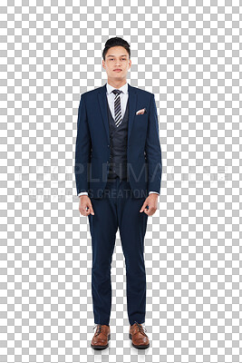 Buy stock photo Business, man and portrait in suit isolated on transparent png background for ambition. Asian entrepreneur, professional corporate worker and serious employee standing in pride, confidence or power