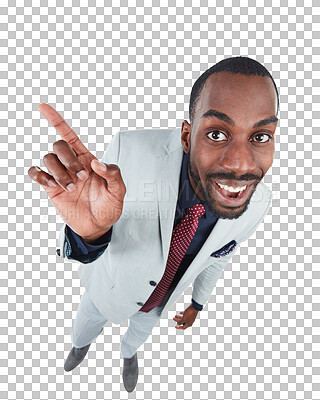Buy stock photo Top view, happy man and portrait of pointing to business promotion, announcement and brand offer. Face of excited black male worker advertising news, launch and isolated on transparent png background