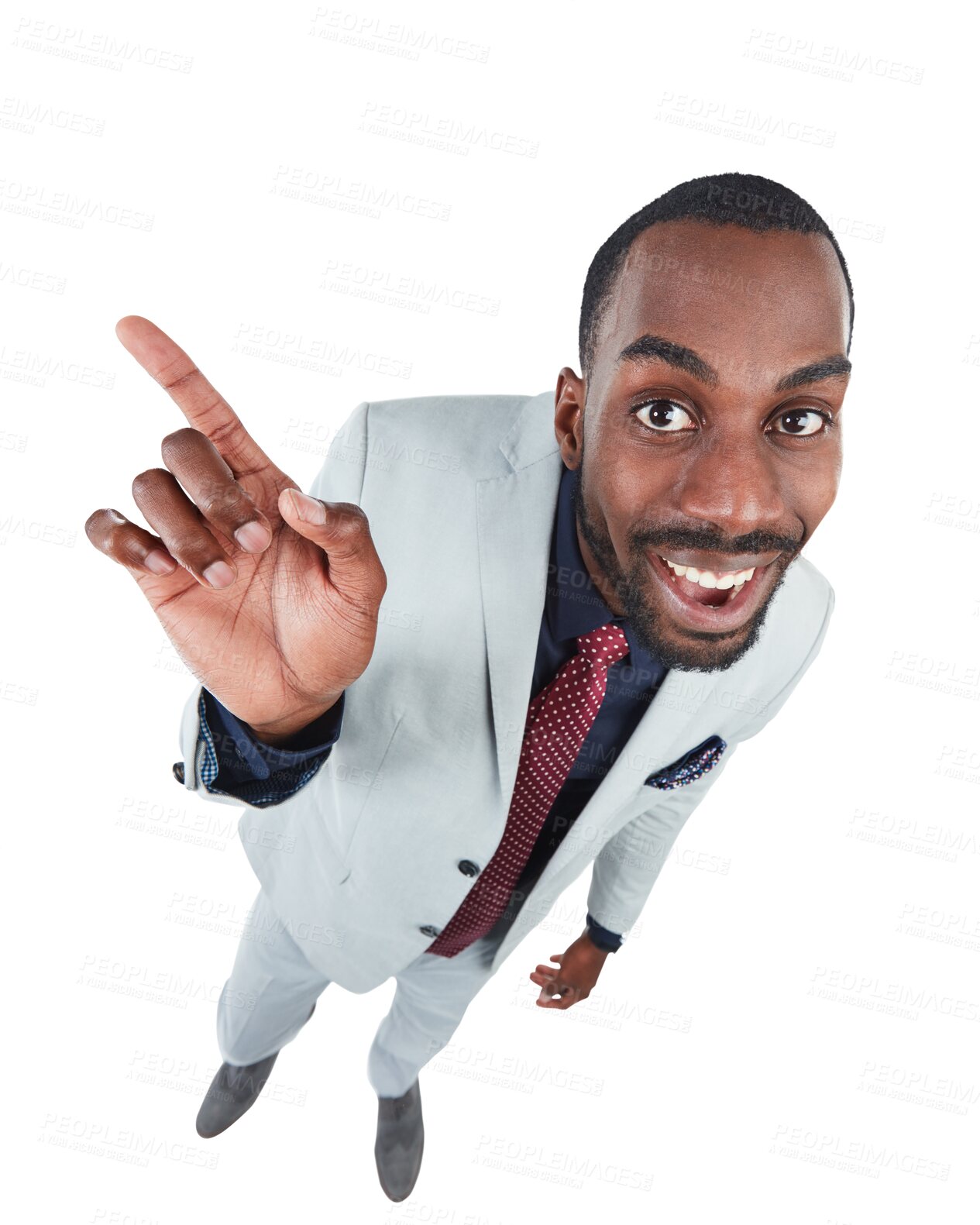 Buy stock photo Top view, happy man and portrait of pointing to business promotion, announcement and brand offer. Face of excited black male worker advertising news, launch and isolated on transparent png background