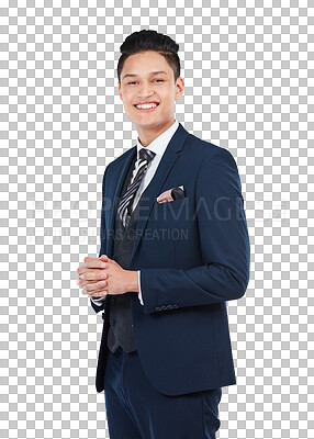 Buy stock photo Happy business man and portrait and confidence in suit isolated on transparent png background. Male entrepreneur, professional corporate fashion and manager standing with pride, smile and management 