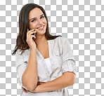 Phone call communication, studio portrait and woman speaking, networking or talking to mobile contact. Digital smartphone user, conversation discussion and happy model girl chat isolated on png background