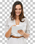 Writing, woman and happy model with tablet, online communication and isolated on png background, technology and smile of a person on wifi and connectivity planing a schedule on tech with happiness