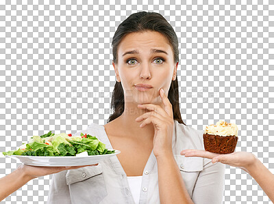 Buy stock photo Thinking, decision and portrait of woman with food on isolated, png and transparent background. Confused, healthy eating and face of girl with salad, cupcake and choice for diet, detox and wellness