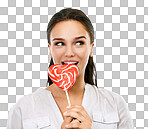 Happy, candy and woman with a lollipop for a sweets craving, dessert or sugar. Happiness, snack and young female model eating a heart shape sweet while isolated on a png background