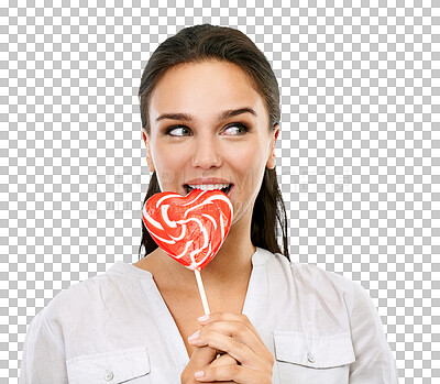 Happy, candy and woman with a lollipop for a sweets craving, dessert or sugar. Happiness, snack and young female model eating a heart shape sweet while isolated on a png background