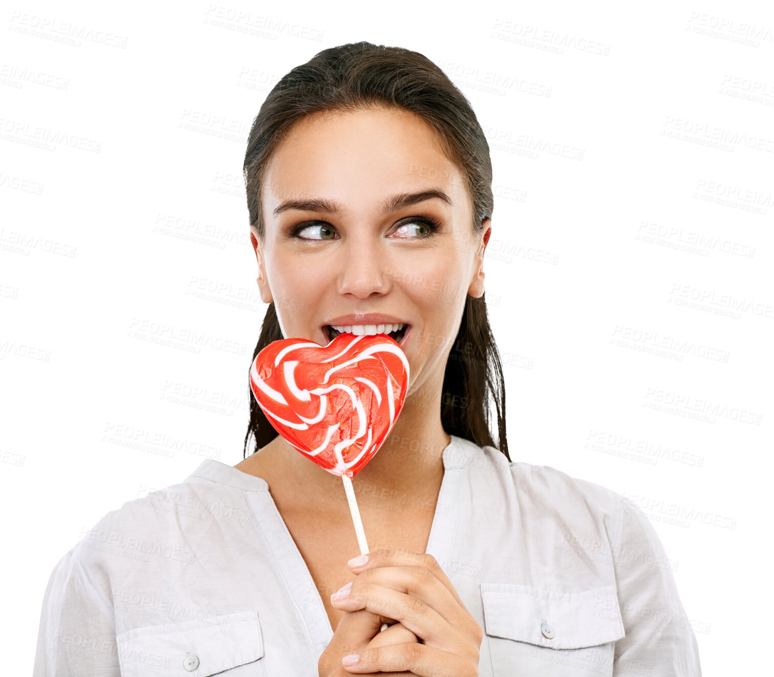 Buy stock photo Happy, candy and woman with a lollipop for a sweets craving, dessert or sugar. Happiness, snack and young female model eating a heart shape sweet while isolated on a transparent png background