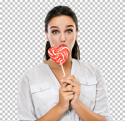 Candy, portrait and happy woman with a lollipop in a studio for a sweets craving, dessert or sugar. Happiness, snack and young female model eating heart shape sweet while isolated on png background