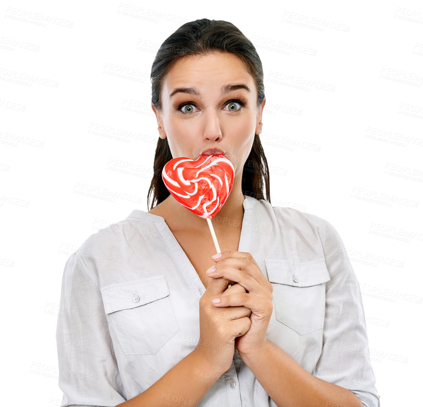 Buy stock photo Portrait, excited and woman with a lollipop, candy and happiness with girl isolated against transparent background. Face, female person or model with joy, desert and sugar with sweets craving and png